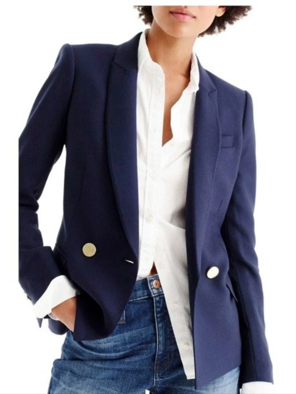 J.Crew Dover Italian Wool Double Breasted Blazer Navy Blue Gold Buttons Sz 6